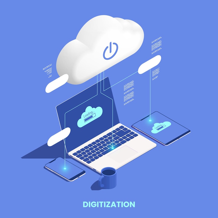 Gratis Vektor digital transformation og digitalisering, isometrisk komposition med åben bærbar computer og cloudcomputing-symboler, vektor-illustration