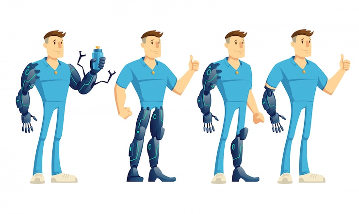 Gratis Vektor disabled man with hand, leg robotic prosthesis showing thumbs up, holding water bottle cartoon 