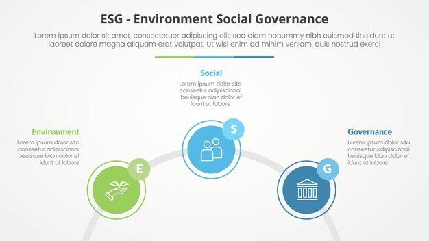 ESG frameworks infographic concept for slide presentation with circle outline linked circular on half circle with 3 point list with flat style