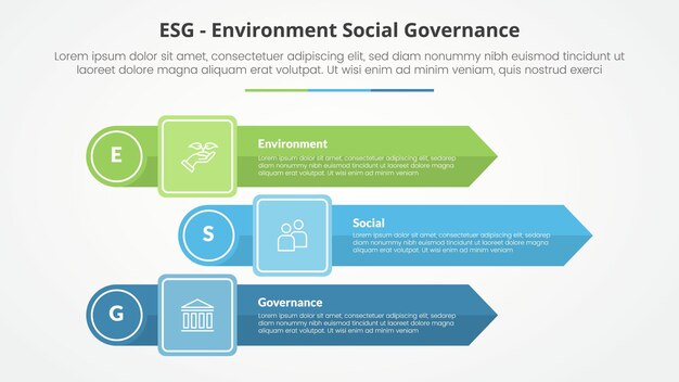 esg frameworks infographic concept for slide presentation with rectangle arrow stack with circle edge with 3 point list with flat style