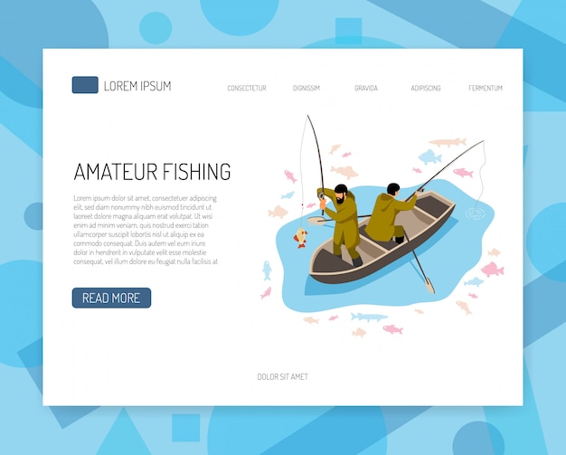 Fishermen in boat during fish catching isometric concept of web banner with interface elements