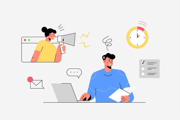 Flad vektorillustration af medarbejder, der arbejder på kontor