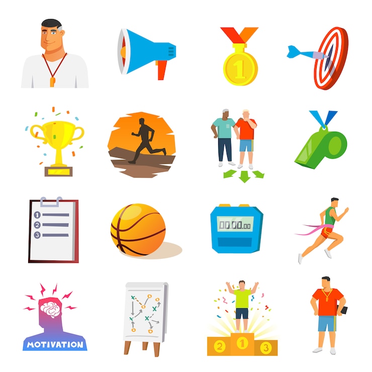 Gratis Vektor flade ikoner for coaching og sport