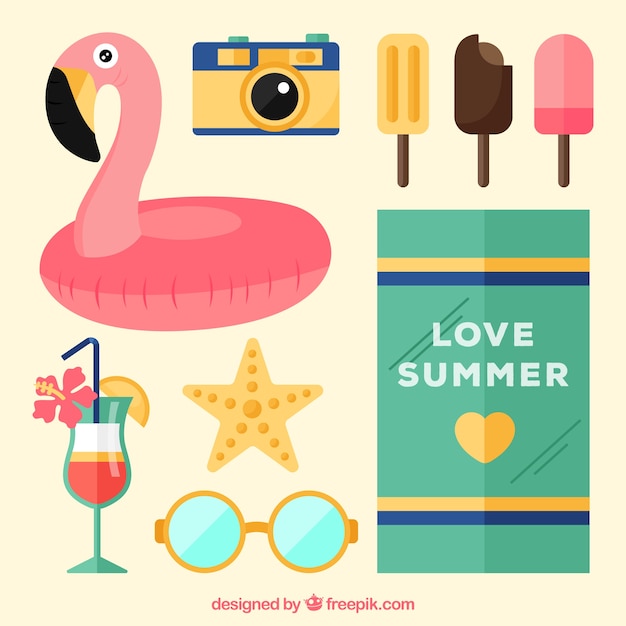 Flamingo float background with other summer elements