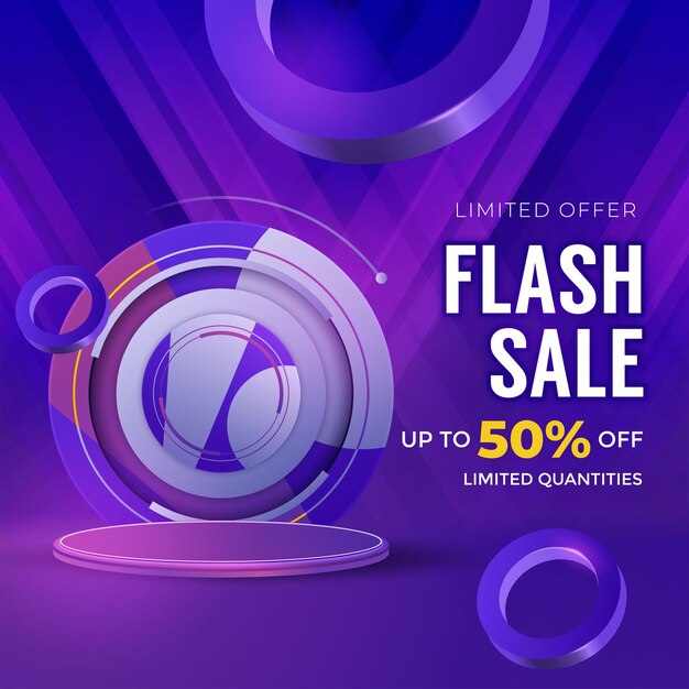 flash sale promo banner template with podium and flying discount label sale and discount background