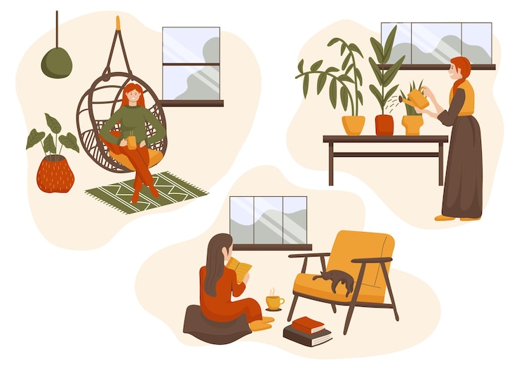 Gratis Vektor flat-hand drawn hygge lifestyle scenes