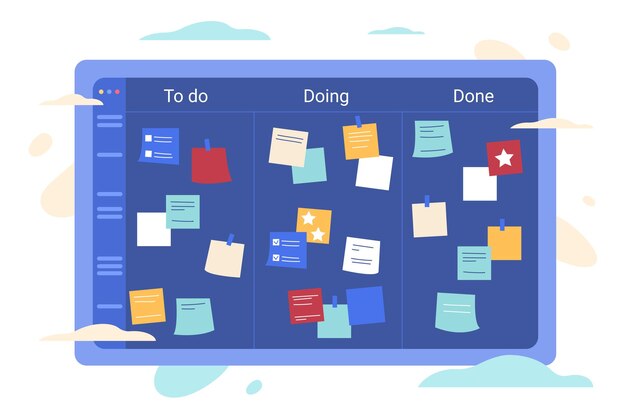 flat scrum task board with color stick paper notes