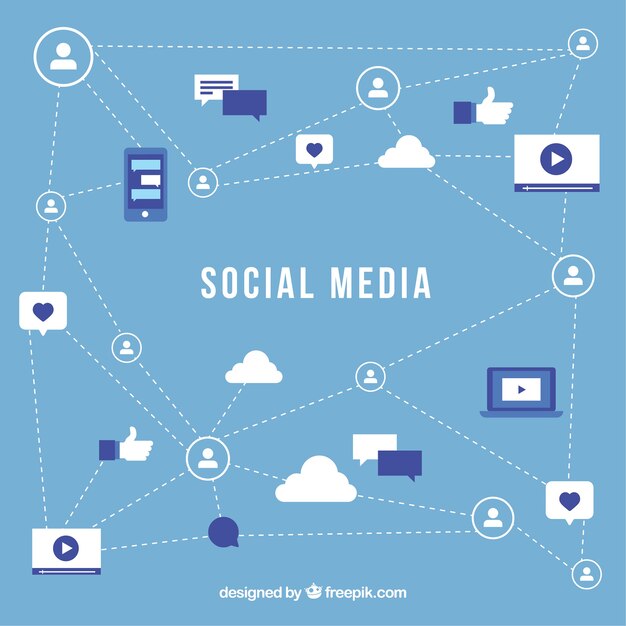 Flat social media background with variety of icons