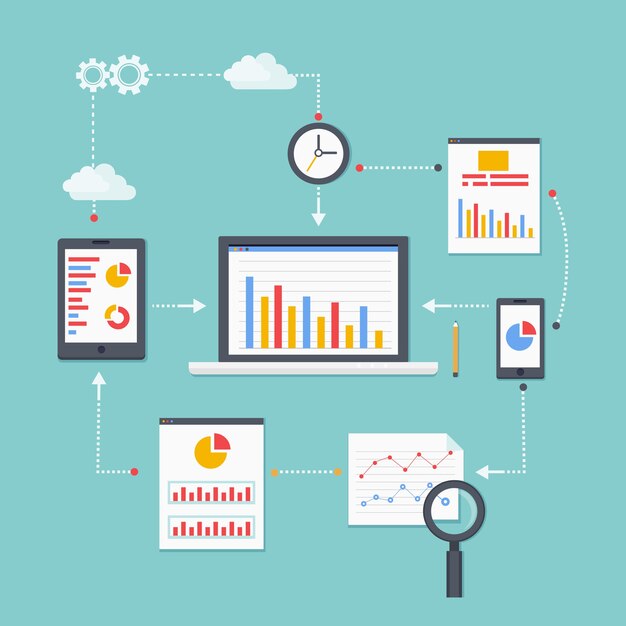 flat vector scheme of web analytics information, development and statistic. vector illustration