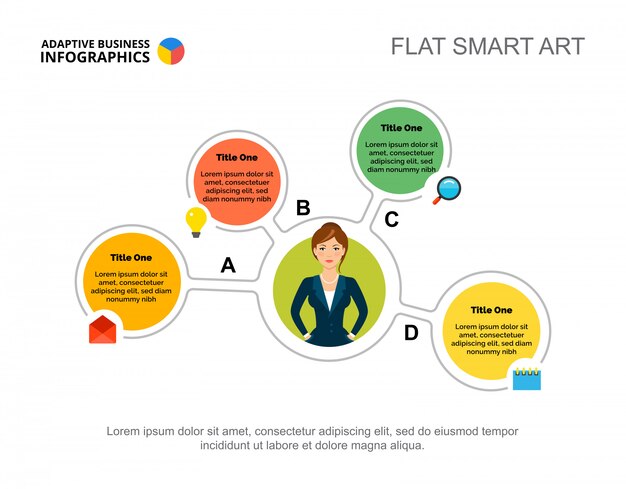 Four elements flow chart template for presentation. Business data visualization.