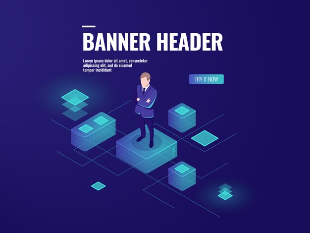 Futuristic background with man stay on the platform, business audit, data analysis
