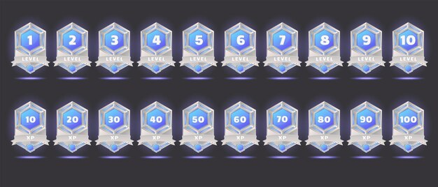 futuristic badges with level number and experience points for game ui design. vector cartoon icons of blue labels with rank and xp in sci fi style isolated on background