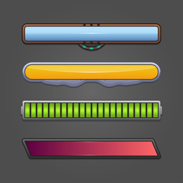 game ui kit with status bars/ battery bar of a kit of cartoon icons, buttons, resources and status bars for game ui, on mobile apps.
