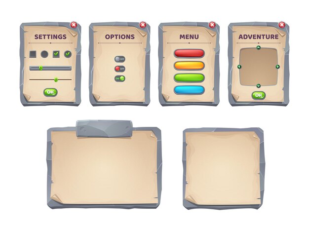 game ui scrolls, stone boards, antique parchments