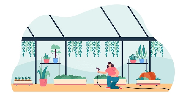 Gardener watering plants with greenhouse equipment. Woman growing flowers, greenery in farm garden of orangery with glass walls and window flat vector illustration. Conservatory, agriculture concept