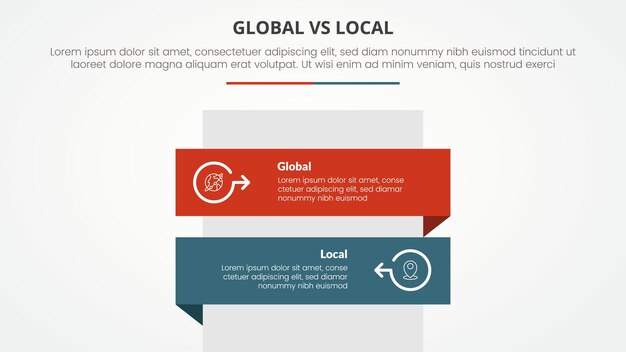 global vs local versus comparison opposite infographic concept for slide presentation with rectangle box vertical stack with flat style