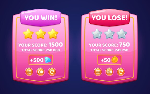 Glossy pink boards with level score win and lose banners for game ui interface Vector cartoon set of level achievements with gold stars coins and buttons isolated on background