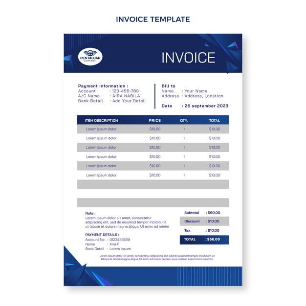 Gradient car rental invoice