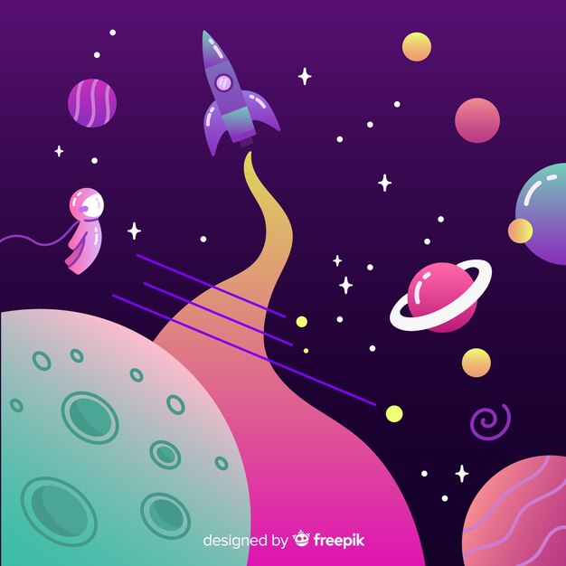 gradient galaxy background with a rocket