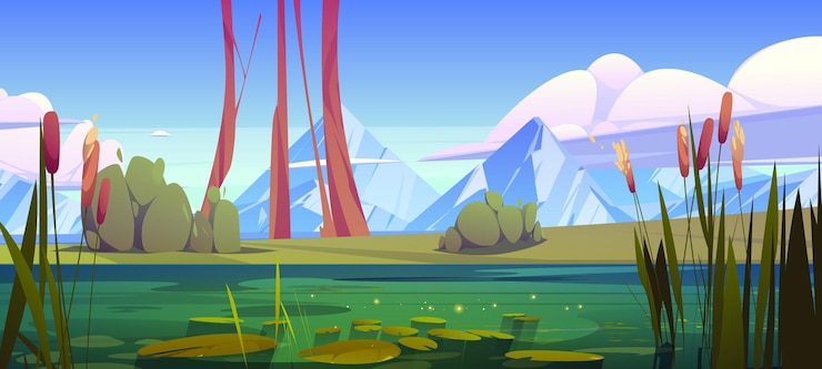 Gratis Vektor green swamp cattail near lake mountain skyline