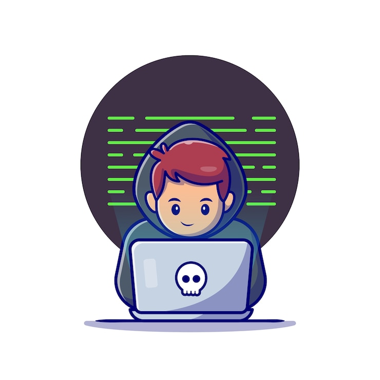 Gratis Vektor hacker betjener en bærbar computer tegneserie ikon illustration. technology ikon koncept isoleret . flad tegneseriestil