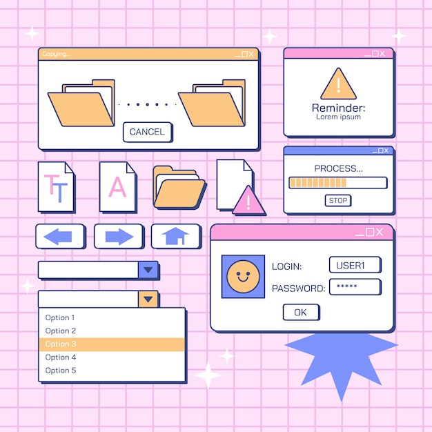 hand drawn retro computer windows elements