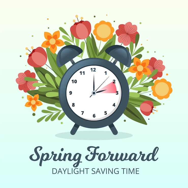 Gratis Vektor hand-drawn spring time change illustration with flowers and clock