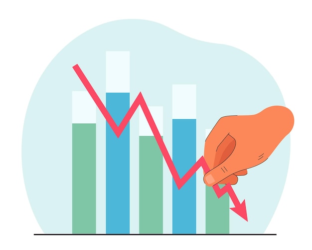 Hand holding lowing arrow in background of bar charts. Reduced income flat vector illustration. Reduction, recession concept for banner, website design or landing web page