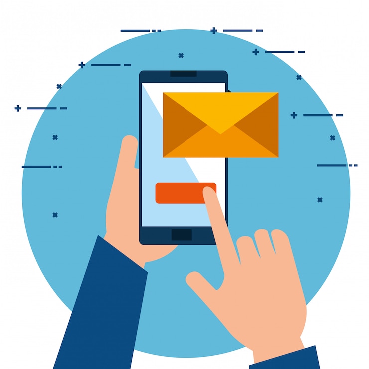 Gratis Vektor hands using smartphone sending email
