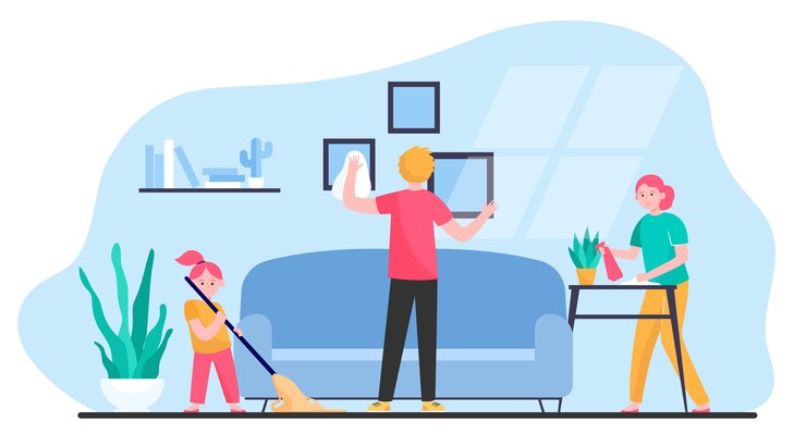 Gratis Vektor happy family cleaning apartment