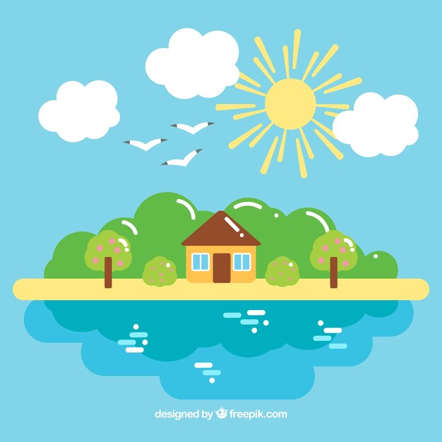 house in a natural landscape background in flat design  