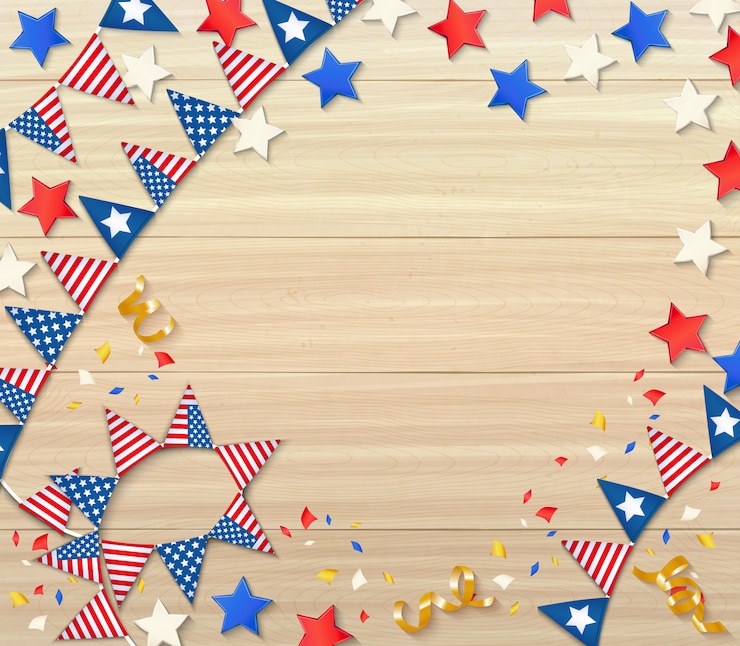 Gratis Vektor independence day celebrating design composition with national flags confetti stars serpentine on wooden realistic