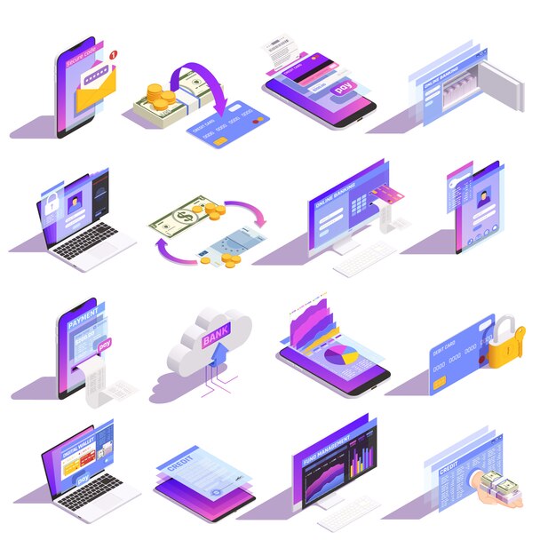 Internet online mobile banking services isometric icons collection with loading money onto card building credit