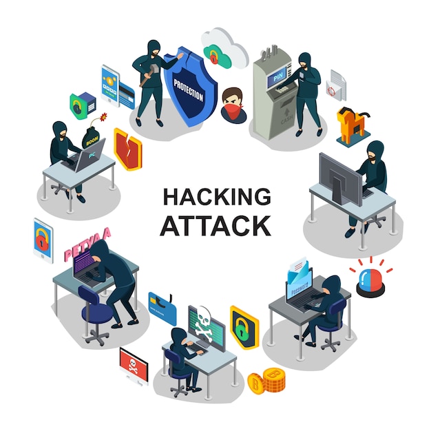 Isometric internet security round composition with hackers computer mobile servers laptop atm payment card hacking siren trojan bomb shields