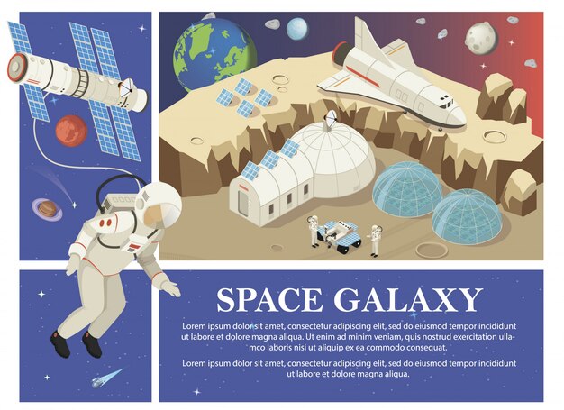 Isometric Mars colonization composition with astronauts satellite cosmic station rover shuttle solar panels Earth planet