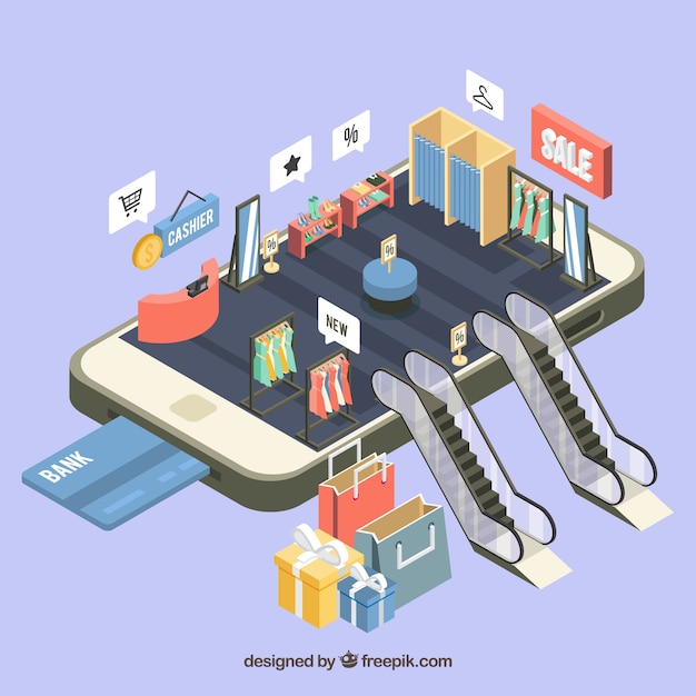 Isometrisk visning af en mobilapplikation til shopping