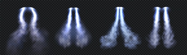 Jetpack smoke cloud trail with blue fire vector effect Rocket speed contrail in sky air 3d realistic flow Isolated plane flight launch up texture texture Spaceship engine tail transparent pack