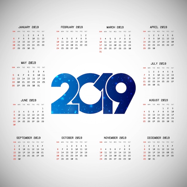 Kalenderdesign for 2019 med lys baggrundsvektor