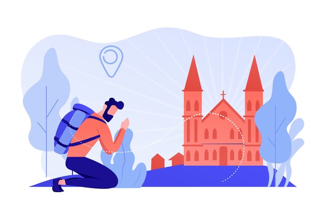 Kneeling pilgrim reached famous christian cathedral and praying. Christian pilgrimages, go on pilgrimage, visit the saint places concept. Pinkish coral bluevector isolated illustration