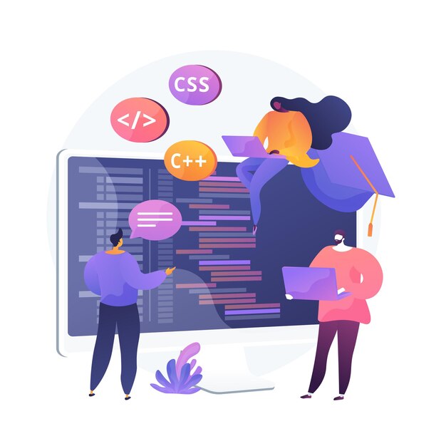Læring af programmeringssprog. Softwarekodningskurser, klasse i webstedsudvikling, scriptskrivning. IT-programmørers cartoons.