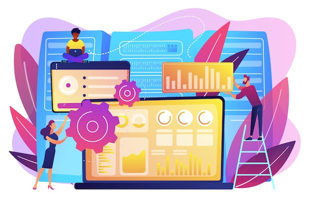 Laptop with data visualization software and developers working. Big data visualization, big data analytics, visualization software concept. Bright vibrant violet  isolated illustration