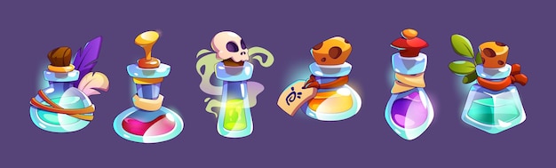 Magic game elixir potion bottle cartoon icon set Medicine glass flask with poison ui vector illustration for rpg lab interface Wizard alchemy glow object with skull 2d gui elements collection