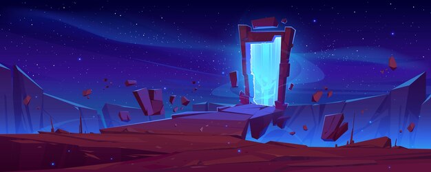 Magic portal on mountain cliff with flying rocks around
