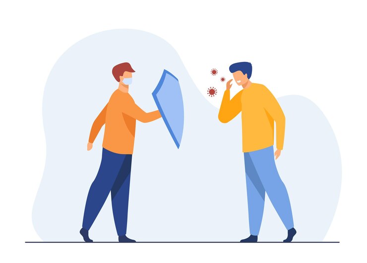 Gratis Vektor man in mask protecting from covid with shield. infected person, cough, spread. flat illustration