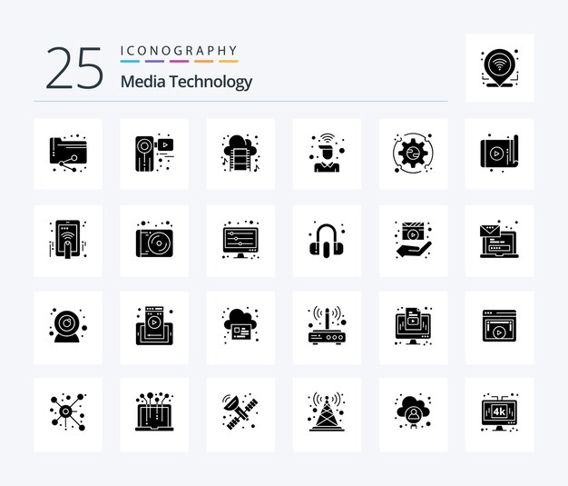media technology 25 solid glyph icon pack including wifi signal film on music