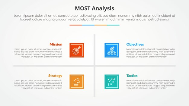 MOST analysis infographic concept for slide presentation with square base and cross line center with 4 point list with flat style