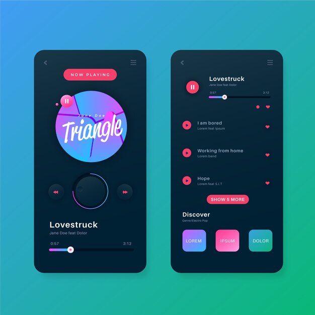 Musikafspiller app interface skabelon