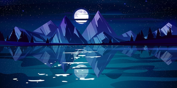 Gratis Vektor night landscape with lake, mountains and trees on coast. vector cartoon illustration of nature scene with coniferous forest on river shore, rocks, moon and stars in dark sky