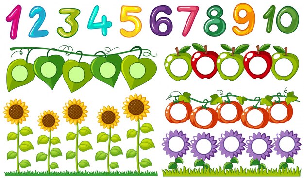 Number one to ten with leaves and flowers frames