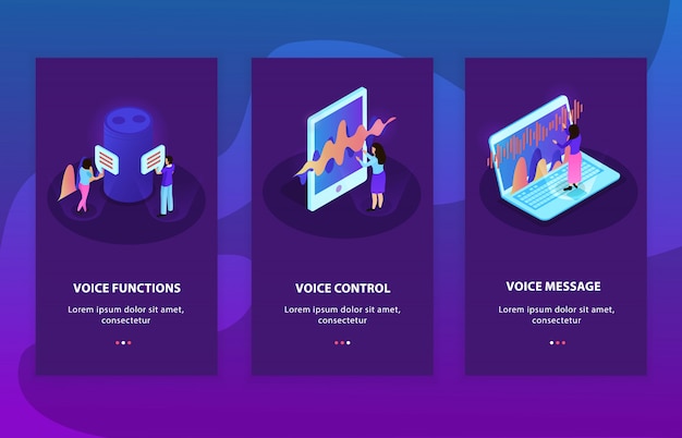  of three isometric advertising compositions representing devices with   voice control and  voice recognition functions